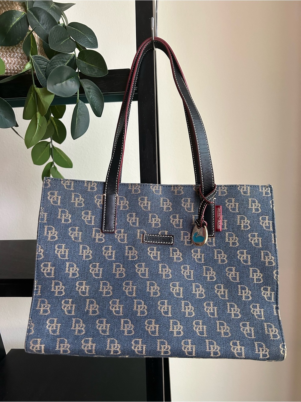 Dooney & Bourke Blue Logo Denim Tote with Black Handles